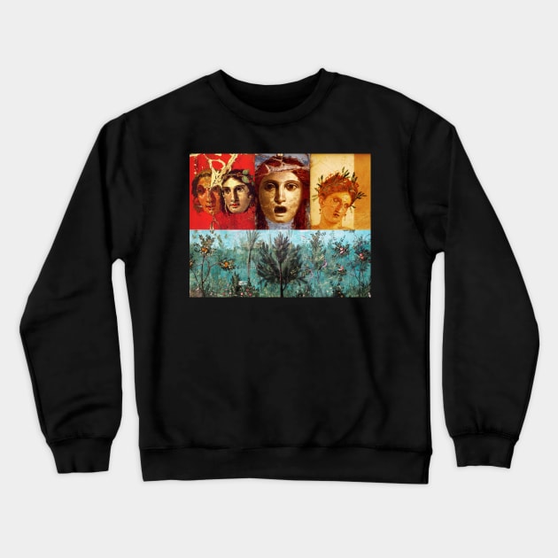 ANTIQUE ROMAN PAINTINGS ,GREEK THEATER MASKS WITH FLOWER GARDEN Crewneck Sweatshirt by BulganLumini